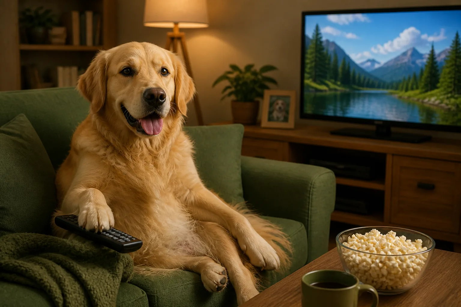 AI background replacement: golden retriever moved into a living room