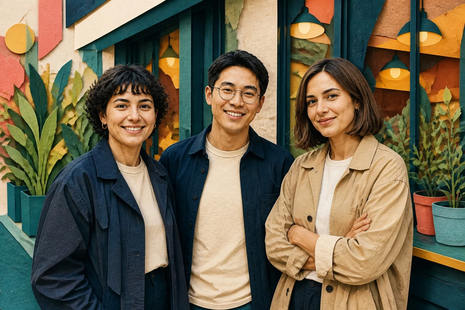 AI style transfer: group photo rendered as a paper-cut editorial collage