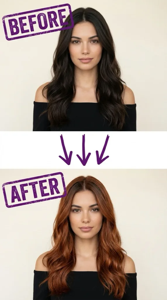 Before and after AI hair color change on a woman with long wavy hair