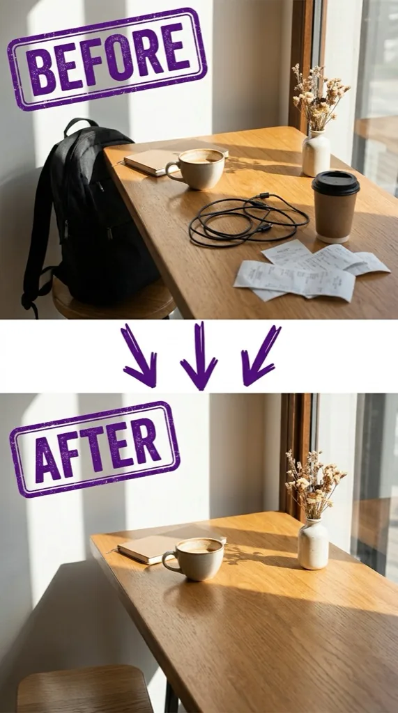 Before and after AI object removal from a cafe table