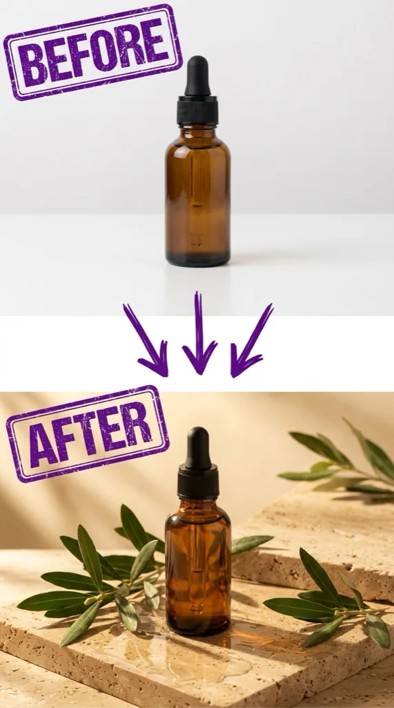Before and after AI background replacement for an amber skincare bottle