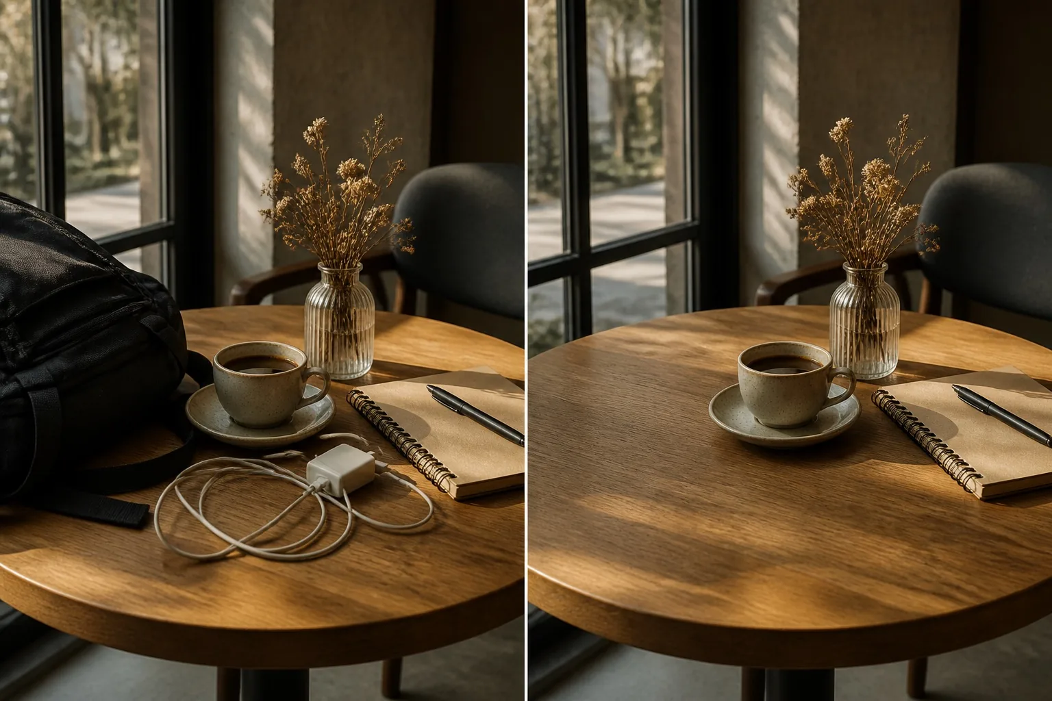 Cafe table with a backpack and charging cable removed