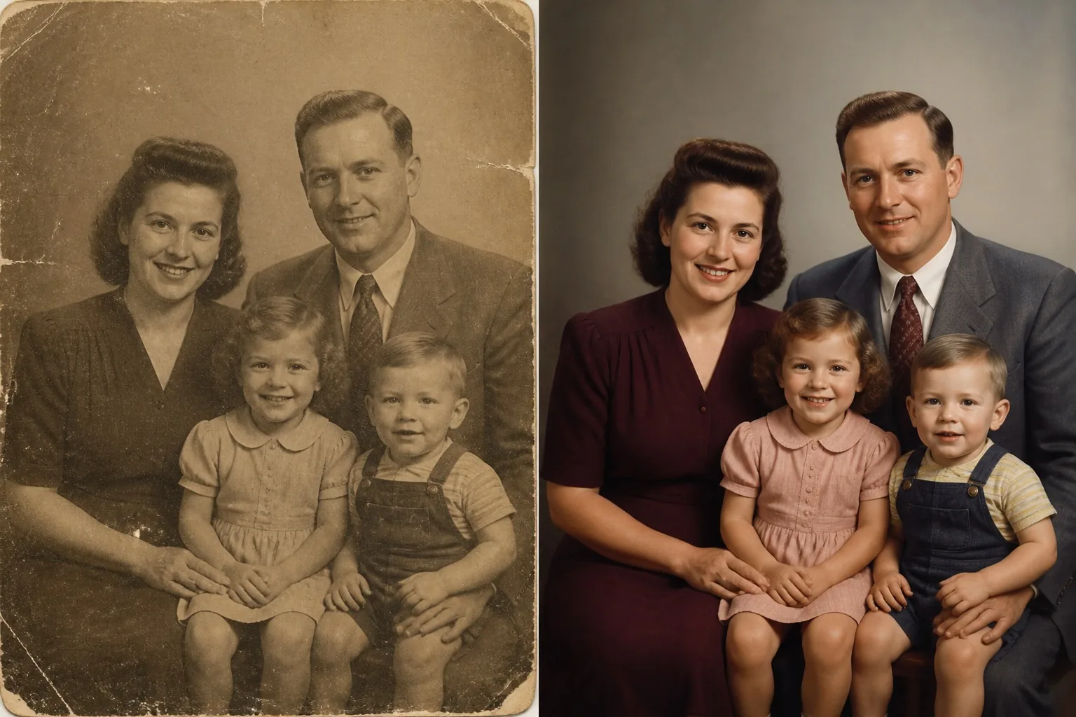 Damaged vintage family photo restored into a clear color portrait