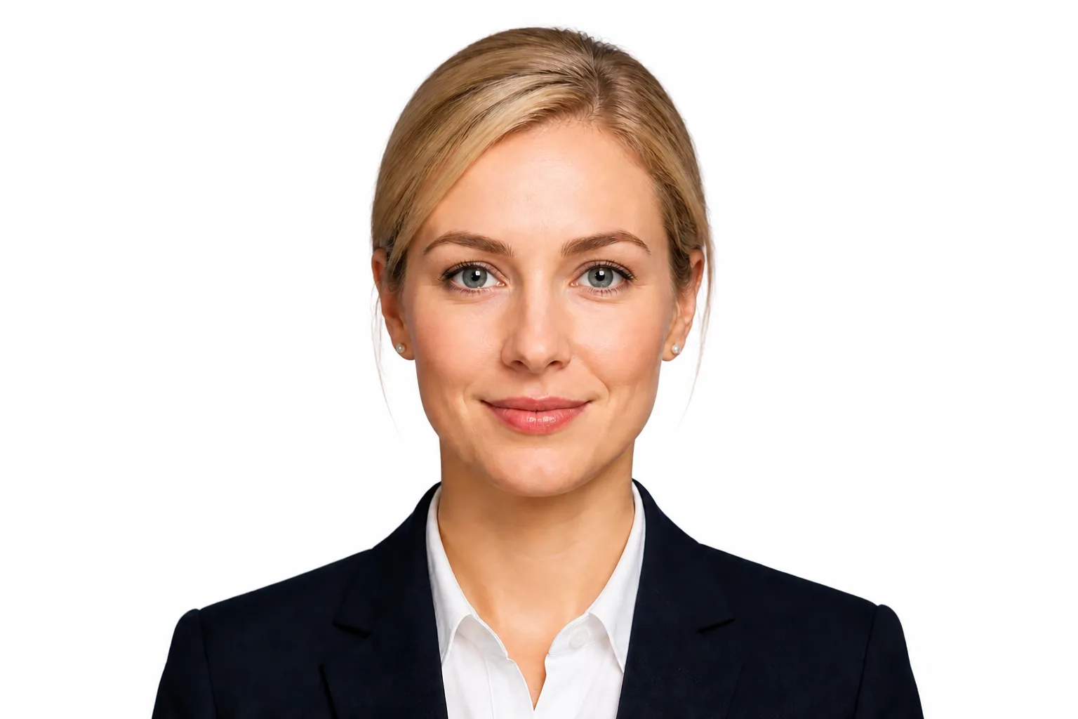 Headshot: blue backdrop to clean white — after