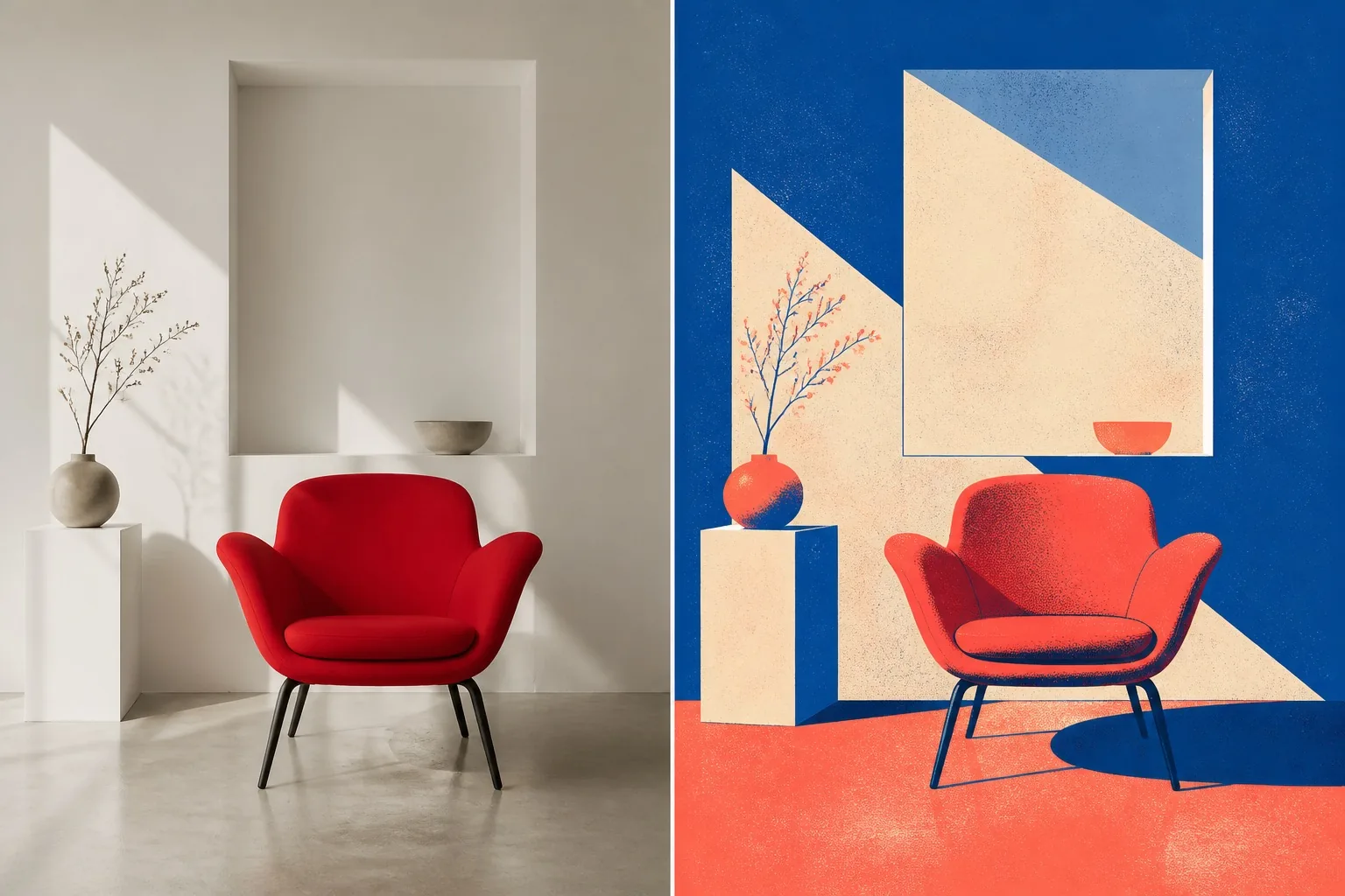 Red chair transformed from a realistic interior photo into a graphic illustration